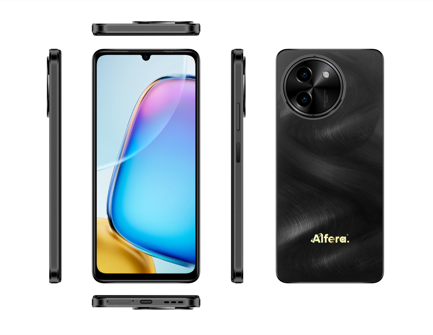 Alfera Nova Pro smartphone in Night Black — front, back and side views